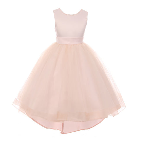 RainKids Big Girls Blush Pearl Hi-Low Satin Tulle Flower Girl Dress 8-12 - SophiasStyle.com